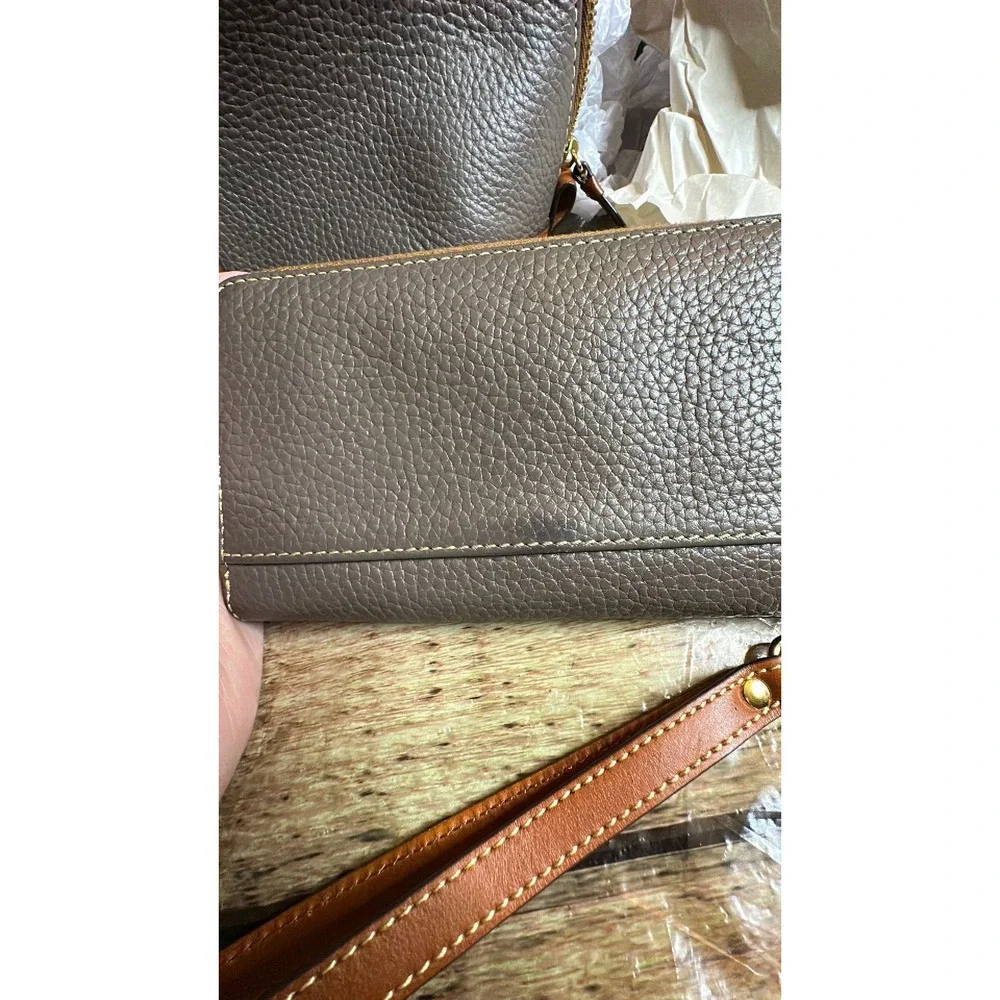 Dooney and Bourke Leather Zip Satchel Taupe and Brown & Matching Wallet